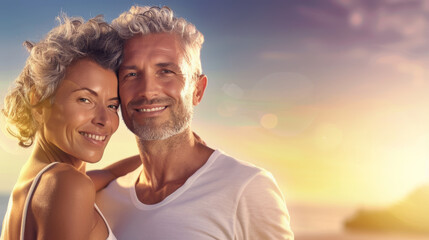 Fototapeta premium A man and woman are smiling at the camera, with the man wearing a white shirt