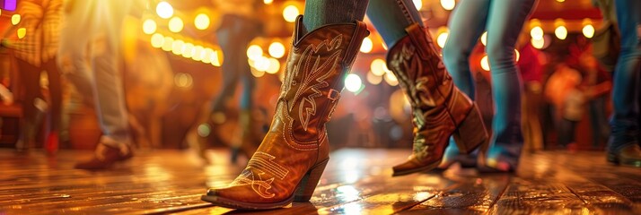 cowgirls boots doing a country line dance in a brightly lit western-themed dance hall