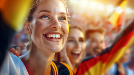 Obraz premium A woman is smiling and holding a yellow and red flag, German people in Germany