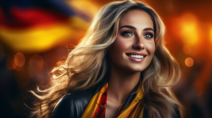 Naklejka premium A woman with blonde hair and a red scarf is smiling, German people in Germany