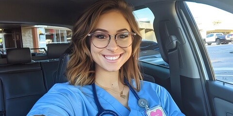nurse with brown hair and glasses, sitting in the back seat of her car wearing blue scrubs on an early morning shift, 