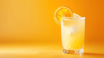 Orange Cocktail with Ice in a Glass on Yellow Background