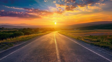 A road extending towards a radiant sunrise cresting over a mountain ridge  with early morning birds flying across the sky. The lighting is lively  capturing the energy of a new day.