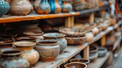 Handcrafted pottery displayed on shelves