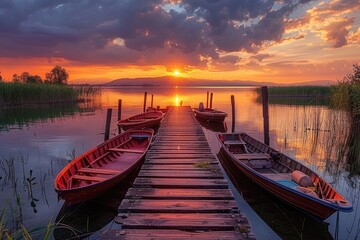 Fototapeta premium A sunset over a lake with three boats docked at a pier. The boats are red and blue
