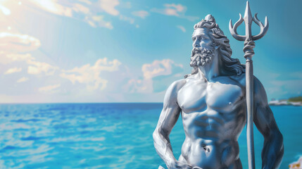 Obraz premium A statue of a man holding a spear and standing on a beach, Poseidon or Neptune
