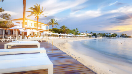 Obraz premium A beach with a white house and a lot of umbrellas