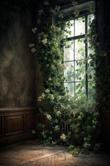 Naklejka premium Overgrown plants by old window in abandoned room