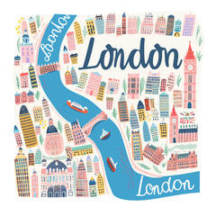 Whimsical London city map illustration featuring the River Thames, Big Ben, and colorful buildings. Ideal for travel, tourism, and artistic designs with a playful and modern aesthetic.