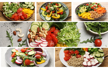 Vegetarian menu, banner design. Collage with different tasty dishes