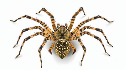 1. Create a detailed and realistic full-body illustration of a spider, showcasing its eight legs, intricate body structure, and unique patterns, isolated on a transparent background for a clean white