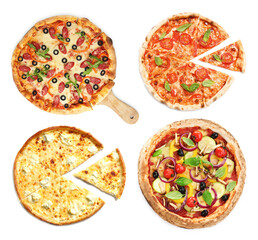 Different tasty pizzas isolated on white, collection