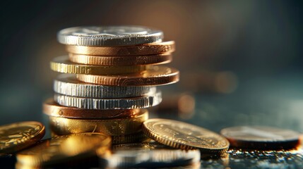 Shimmering stack of coins showcasing intricate details and textures, creating depth and perspective in macro view