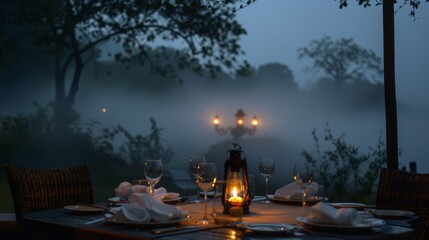A gentle mist settling over the dinner creating an ethereal and dreamlike atmosphere.