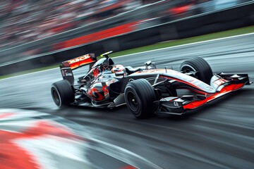 Dynamic Action Shot of a Formula One Car Racing on Track, Powerful Performance and Modern Aerodynamics Captured