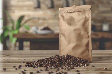 coffee bag mockup spilled beans on wooden table photorealistic psd