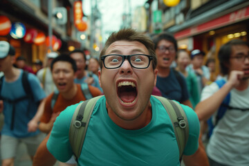 Fototapeta premium Excited man with backpack in a bustling market street