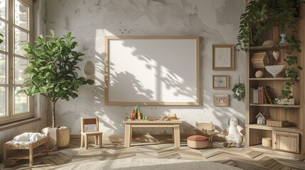 Fototapeta premium A white board is on the wall in a room with a lot of greenery. The room is filled with toys and books, and there is a dog in the room. The room has a cozy and welcoming atmosphere