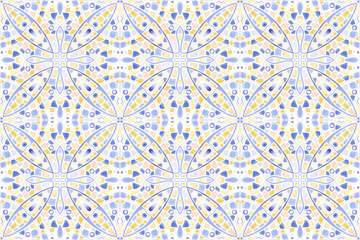 Seamless Colorful Blue, Yellow, and Peach Decorative Tile with Detailed Geometric Motifs