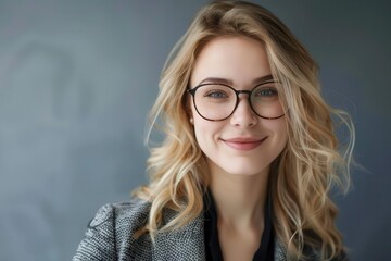 Fototapeta premium confident smiling blonde businesswoman wearing glasses closeup portrait studio photo