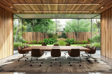 Fototapeta premium contemporary meeting room with wooden wall and garden view modern office interior design 3d rendering
