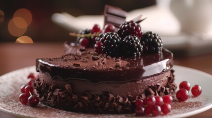 A rich and decadent chocolate cake adorned with a layer of tangy wild berry jam.