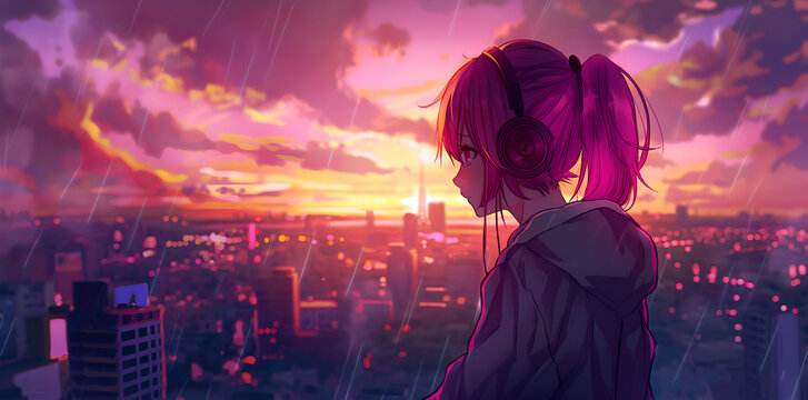 Anime girl with headphones looks down at the city during a sunset. Anime style, neon lights and shadows. Enjoying a quiet music, low-fi
