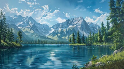 A beautiful painting of a lake with mountains in the background. The mood of the painting is peaceful and serene