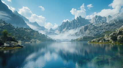 Fototapeta premium A beautiful mountain lake with a clear blue sky above it. The mountains are in the background and the water is calm