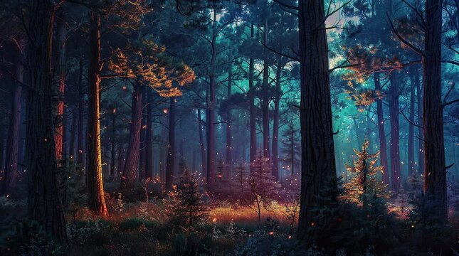 Glowing iridescent forest illuminated with magical lights at night
 Seamless looping 4k time-lapse virtual video animation background. Generated AI