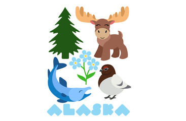 cute Alaska t-shirt design with moose, Willow Ptarmigan, king salmon, Alpine Forget-me-not and Sitka Spruce