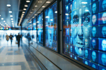 Digital facial recognition displays in a modern corridor