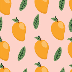 Seamless pattern of mango with leaves with pink backdrop. Exotic design. Modern exotic design for paper, cover, fabric, interior decor. Vector pattern