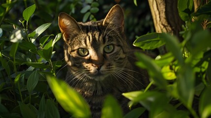 Curious Tabby Cat Peeking Through Lush Garden Foliage in Soft Sunlight