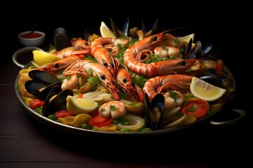 Authentic Seafood Paella with Shrimp, Mussels, and Clams Served in a Traditional Pan