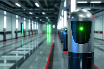 Futuristic biometric scanning turnstiles in a modern facility