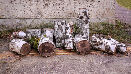Pile of freshly cut birch logs. White bark and rough texture of logs contrast with worn, weathered...