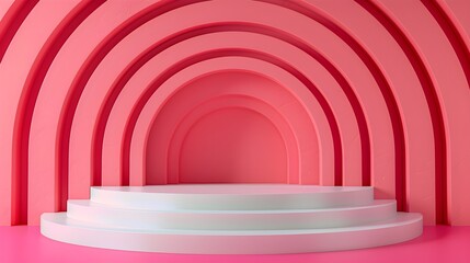 Obraz premium White podium with circular striped line arches on a pink background. Minimalist design concept for modern product display and promotional marketing