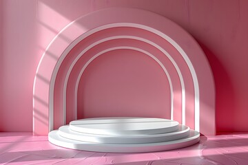 Obraz premium White podium with circular striped line arches on a pink background. Minimalist design concept for modern product display and promotional marketing