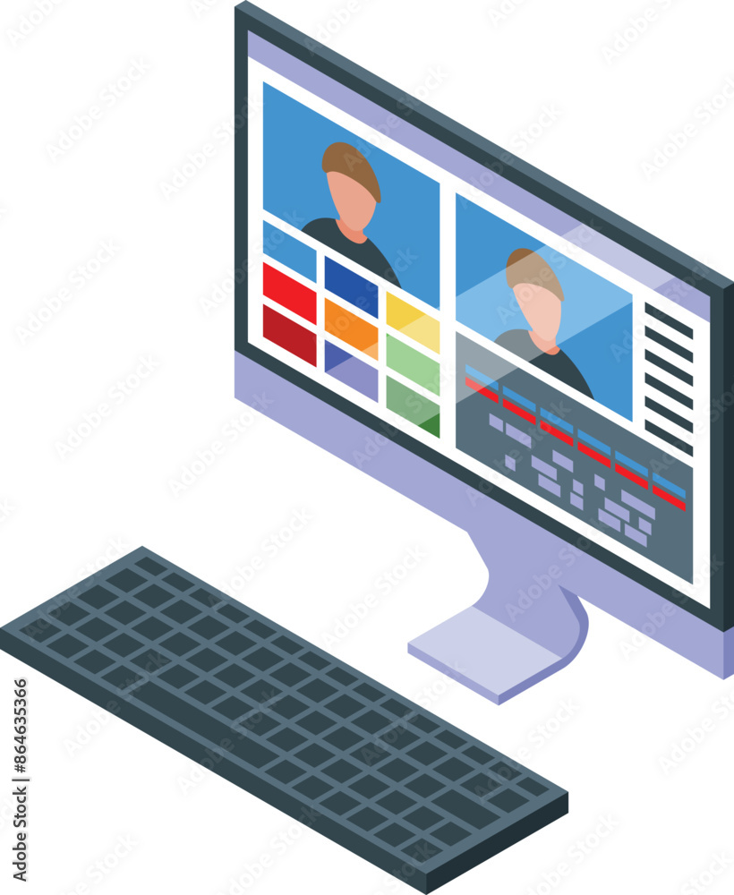 Poster video editor using editing software on a desktop computer to create engaging content