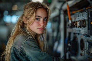 Blonde Welder Operating Welding Machine in Workshop