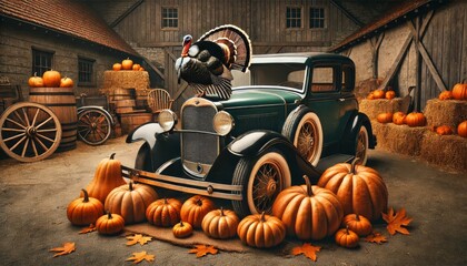 Thanksgiving Turkey on Vintage Car Amidst Pumpkins