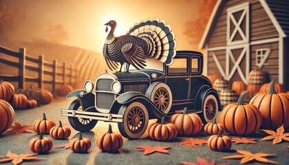 Close-Up Paper Style Thanksgiving with Vintage Car and Pumpkins