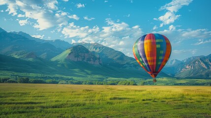 Naklejka premium A colorful hot air balloon floats above a grassy field with mountains in the background