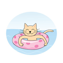 swimming cat, ginger kitten floating on pink inflatable ring, cool summer vacation vector illustration