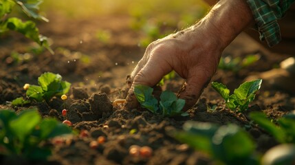 Gardener Tending Young Plants in Sunlit Garden with Soil