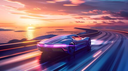 Obraz premium Futuristic Car Driving on a Coastal Road at Sunset