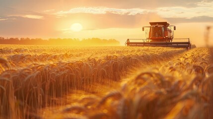 Sunset Harvest in Golden Wheat Field