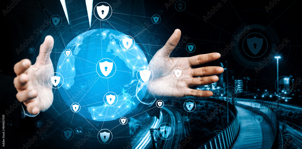 Poster cyber security and digital data protection concept. icon interface showing secure firewall technolog