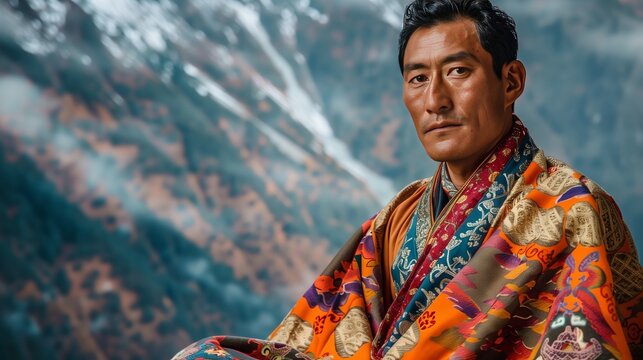 A regal Bhutanese man in a traditional Gho poses against a dramatic Himalayan backdrop, enhancing the scene.